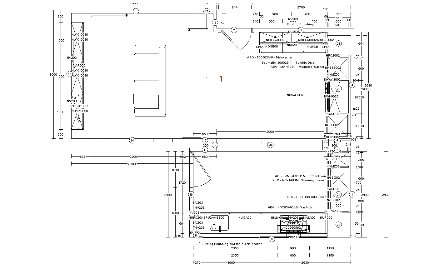 Plan of a kitchen with a few measurements