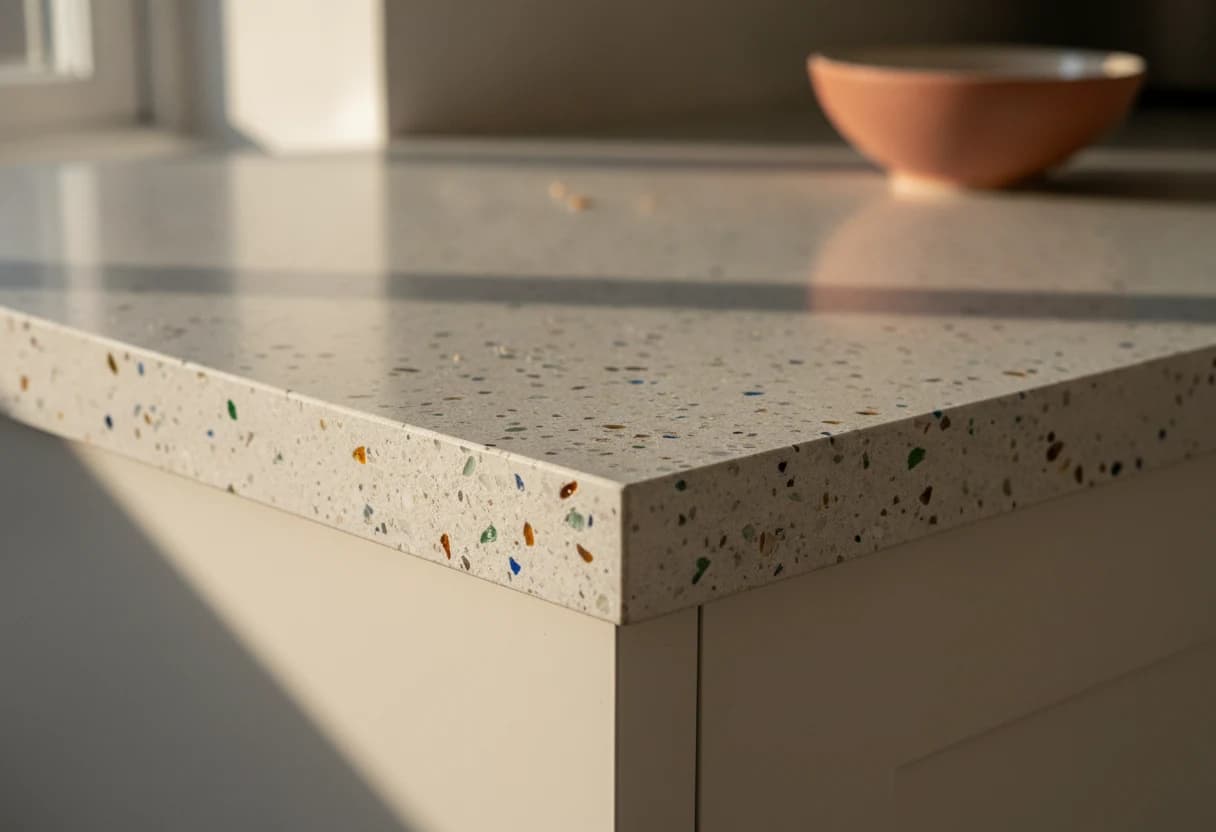 Warm light across the squared edge of a full-thickness speckled recycled glass worktop, illustrative image